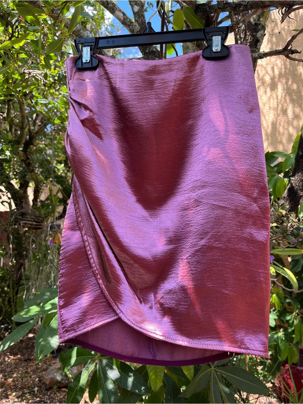 Blanc, Satin A-Line Wrap Mini Skirt in Plum, Made In USA, Women’s size Small